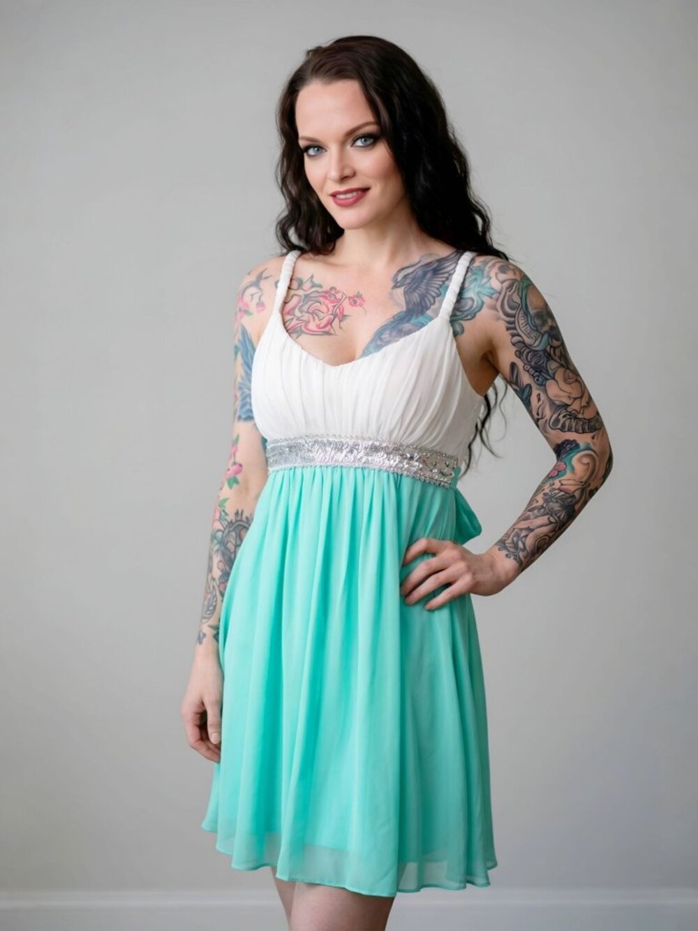 Sweet Storm ✦ Mint & Ivory Empire Waist Sequin Dress ✦ Handkerchief Hem L